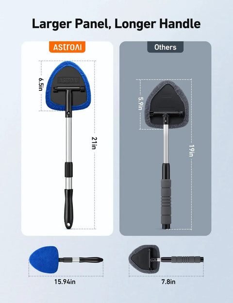 Comparison of Windshield Cleaning Tool With Extendable Handle And Microfiber Pad Set For Auto Glass And Car Interior Detailing Reusable Wiper Brush Kit Includes Four Pads Blue 21 Inch Reach versus standard model with measurements.