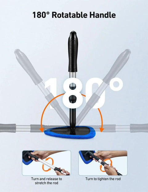 Windshield Cleaning Tool With Extendable Handle And Microfiber Pad Set showing 180-degree rotation and handle adjustment