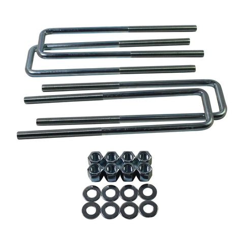 Extended square U bolt kit for 2.5 inch wide leaf springs with a 12.5 inch length and 9/16 inch bolts with washers and nuts