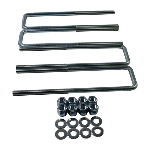 Extended square U bolt kit for 2.5 inch wide leaf springs with a 12.5 inch length and 9/16 inch bolts in packaging