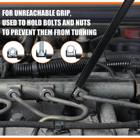 Extension Clamp Wrench Extender Tool used in engine bay to hold bolts and prevent turning during automotive repair.