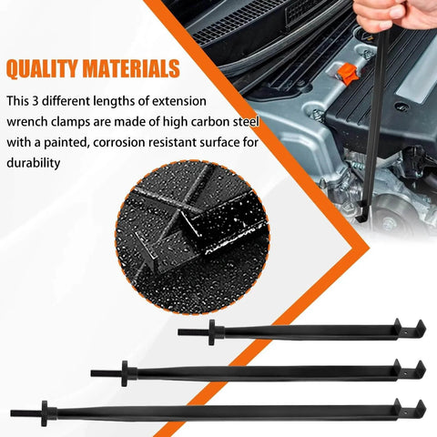Extension Clamp Wrench Extender Tool Premium Extension Clamp And Wrench Extender For Vise Grips Pipe Vise Wrench And Hose Clamp Multi Tools Tri Pack Delivers Enhanced Reach In Confined Spaces Absolute Versatility For Home Garage And Workshop Use shown in various lengths and close-up of material.