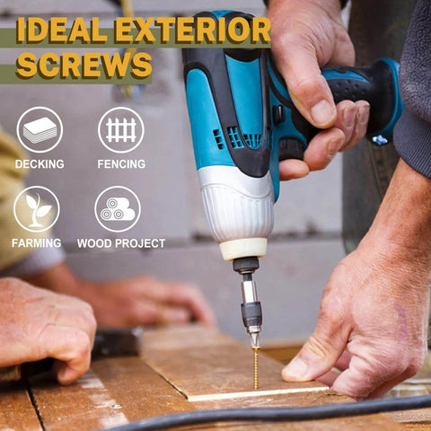 Person using power tool to install Deck Screws 2 Inch, Wood Screws #8 x 2, Rust Resistant, on a wooden exterior project