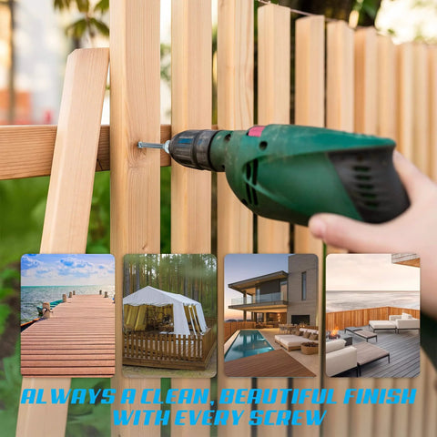 Person drilling #8 x 1-5/8 Inch Stainless Steel Wood Screws into fence, emphasizing corrosion resistance and versatility for outdoor projects.