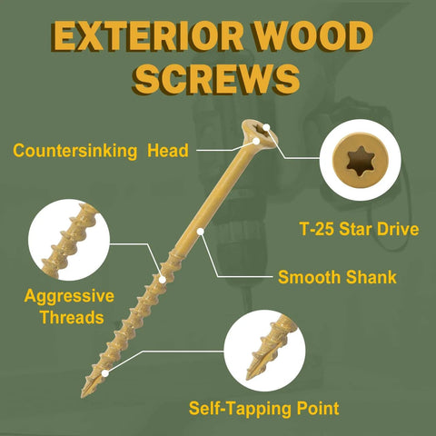 Exterior wood screws with features: countersinking head, T-25 star drive, aggressive threads, smooth shank, self-tapping point.