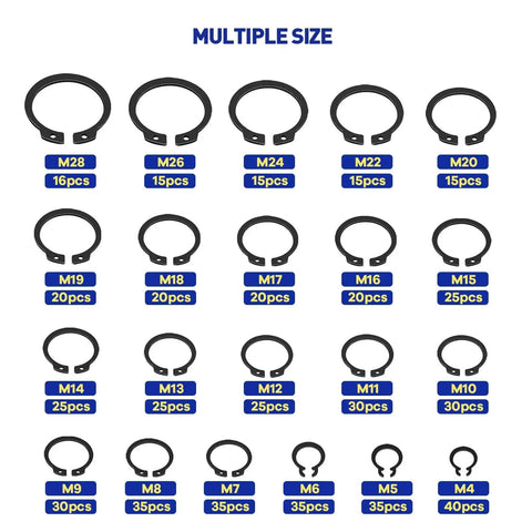 External Circlip Snap Ring Kit 500 Pcs Alloy Steel Snap Ring Assortment Set 21 Sizes M4 To M28 with quantity labels for each size