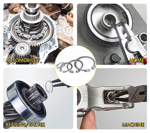 External Retaining Ring Kit 330 Pieces 15 Sizes Metric C Clips In 304 Stainless Steel Circlip Snap Ring Assortment Pro Grade For Auto And Machinery 4mm To 28mm Range Durable Quality Set shown in use for automobiles, home, bearings, machine.