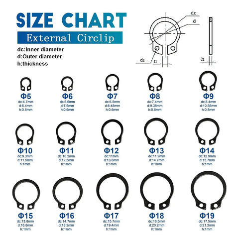 Size chart for external retaining rings kit circlip snap ring set for shafts and grooves with dimensions and sizes