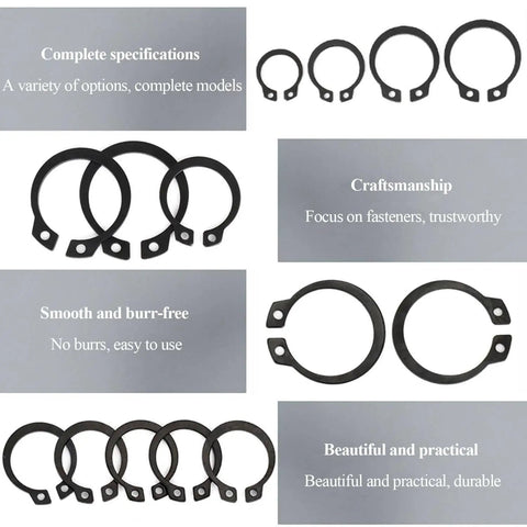 External Retaining Rings Set 200 Pcs 5mm 6mm 7mm 8mm 9mm C Clips Circlips with black plated 65Mn steel, five sizes shown in split view.
