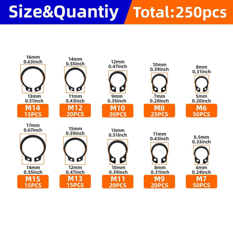 External Retaining Rings Kit size chart for M6 to M15, 250 pieces with measurements in inches and millimeters. NexSync Pro Grade Alloy Steel.