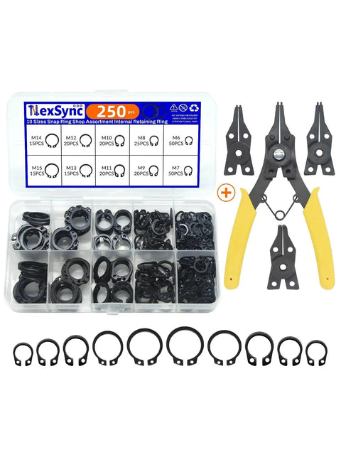 External Retaining Rings Kit With 250 Piece C Clip Set, M8-M20 sizes, pliers with extra jaws, alloy steel, black oxide finish.