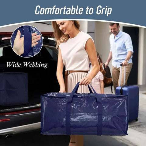 Woman carrying Six Pack Extra Heavy Duty Large Moving Bags with strong zipper and comfortable handles, 23 gallon capacity.