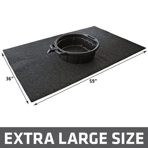 XL Oil Spill Mat For Garage Floors Premium Absorbent Oil Pad Reusable And Washable Durable With Waterproof Backing To Contain Liquids And Protect Concrete Surfaces From Stains Large 36 By 59 Inches USA Made shown with dimensions and oil container