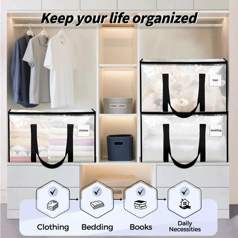 8 Pack Extra Large Heavy Duty Moving Bags Clear Storage Bins With Lids Reinforced Handles And Heavy Duty Zippers For Clothes Packing Dorms College Supplies Storage Totes Transparent, shown filled with clothing and bedding in a closet.