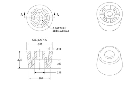 Technical drawing of All American Made 4 Medium Extra Tall Round Rubber Feet Bumpers With Center Hole For Bolt Or Screw Mount