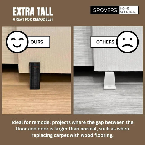 Adjustable Height Universal Sliding Closet Door Floor Guide Bracket Black For 1 3/8 Inch Door Thickness With Exclusive Easy Snap Notches comparison image showing gap solutions.