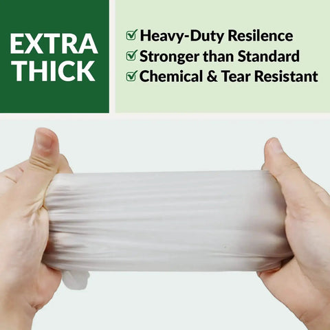 Hands stretching Heavy Duty Vinyl Gloves Latex Free Powder Free Medium Size 100 Count Food Safe, highlighting extra thickness.