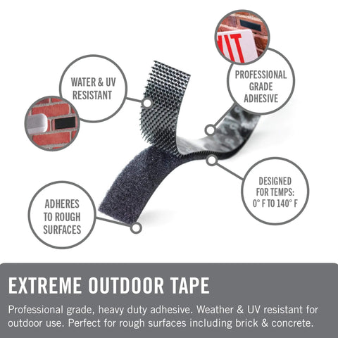 Extreme Outdoor Double Sided Mounting Tape Built To Handle Up To 15 Pounds On Brick Or Rough Surfaces UV And Weather Resistant 14 Ft Roll Tough As Nails Industrial Strength Adhesive For Outdoor Projects shown with features like water resistance and professional grade.