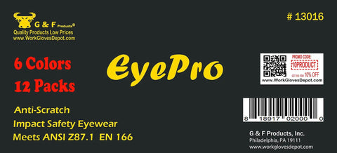 EyePro packaging displaying G & F Products branding, details on anti-scratch impact safety eyewear, barcode, and company address.