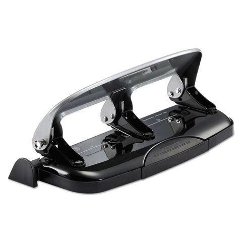 EZ Squeeze 3 Hole Punch 20 Sheet Capacity No Jam Technology Reduced Effort Metal Body Integrated Ruler, side view