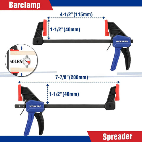 Eight Piece Clamp Set For Woodworking With Four 4-1/2 Inch Mini Bar Clamps, Two 6-1/2 Inch Spring Clamps, And Two 4-1/2 Inch Spring Clamps, Bang For Your Buck Light Duty Quick Change Clamp Spreader With 50 Lbs Load Limit shown with measurement details