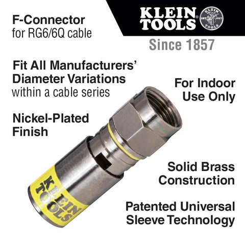 Klein Tools F-connector for RG6/6Q coax, universal compression, nickel-plated brass, male, 10-pack
