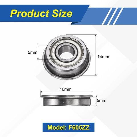 F605ZZ Flanged Ball Bearings, 5x14x5mm, chrome steel, double shielded, top and side view, 16mm flange, for precision machines and DIY projects.