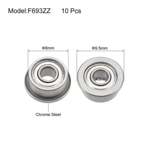 F693ZZ Flanged Ball Bearing 3x8x4mm Chrome Steel, Set of 10, shown with dimensions for mini machines and DIY projects