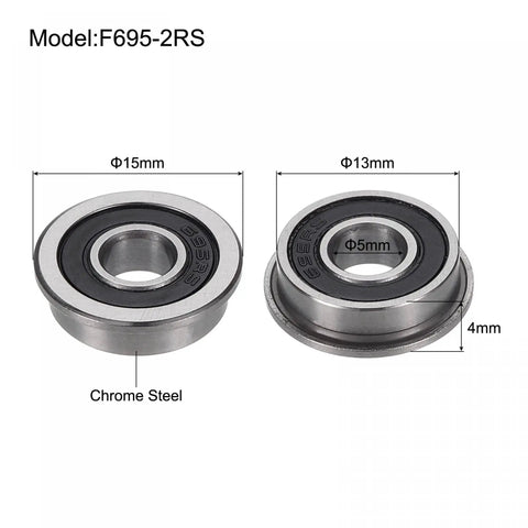 Diagram of F695-2RS Flange Ball Bearing, chrome steel, 5x13x4mm, double sealed, dimensions labeled for micro machinery and mini CNC spindles.