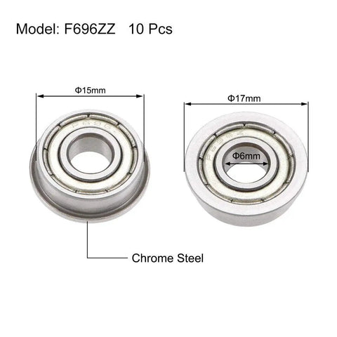 F696ZZ Flanged Ball Bearing 6x15x5mm Double Shielded Chrome Steel Deep Groove Bearing front and side view with dimensions
