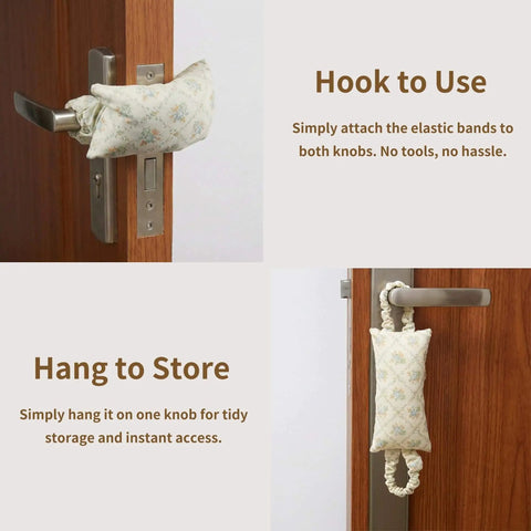 Soft Fabric Door Stopper For Handles With Floral Design Keeps Doors From Slamming And Pinching Fingers Quiet Door Silencer Kid And Pet Safe Farmhouse Style Home Decor You Will Actually Enjoy, shown hooked on door handle in two positions.