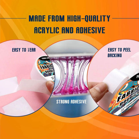 Double-Sided Fabric Tape For Quick Clothing Repairs No Sewing Or Ironing Needed Two Rolls One Quarter Inch And One Half Inch Adhesive Cloth Tape For Hemming, DIY Crafts, Temporary Fixes, And Fabric Bonding - shown with easy tear and peel features