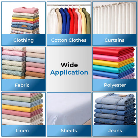 Image showing various clothing types folded, including jeans, cotton clothes, and curtains, illustrating wide application of Stitch Gun For Clothes Quick Fix Tool Not A Sewing Machine Handheld Tag Gun For Easy Clothing Repairs With 5mm Needle For Nearly Invisible Stitches Includes 6 Replacement Needles And 2000 Fasteners Blue.