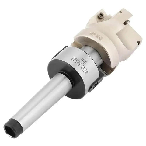 Face End Mill Set With High Speed Carbide Indexable End Mills 50mm Diameter, 22mm Bore, MT2 FMB22 Cutter Holder in side view