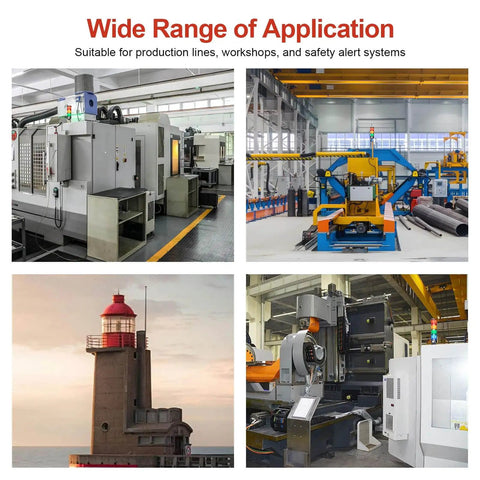 Industrial facilities with machinery and equipment using 4 Stack Super Bright LED Andon Tower Lights With Red Yellow Green Blue LEDs.