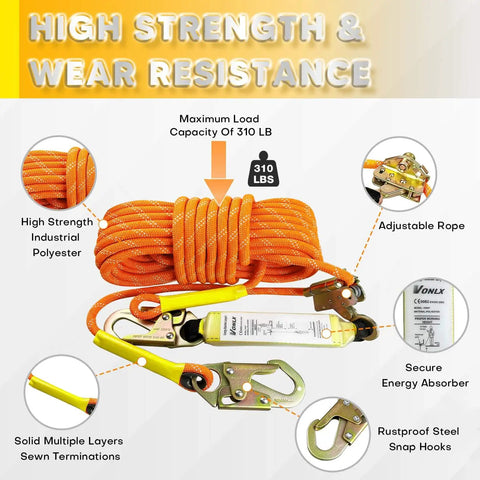 Fall Protection Safety Rope Kit 50 Ft Heavy Duty Vertical Roofing Rope With Alloy Steel Grab Hooks And Shock Absorber Multi Layer Polyester Climbing Line For Roofers Tree Stands Construction And Industrial Use displayed with features like high strength polyester and secure energy absorber.