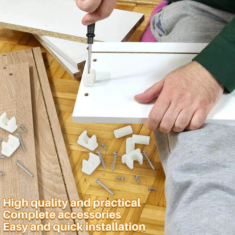 Person installing Juexica False Cabinet Front Clip on white panel with screws and screwdriver, featuring 4 pairs for replacements.