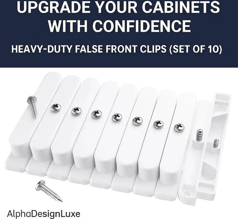 Set Of 10 False Front Cabinet Clips With Screws For Four And A Half Inch Drawer Fronts Heavy Duty ABS, shown on display.
