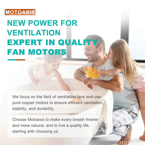 Father and daughter sitting with bath toy, promoting Motoasis quality ventilation fan motors.