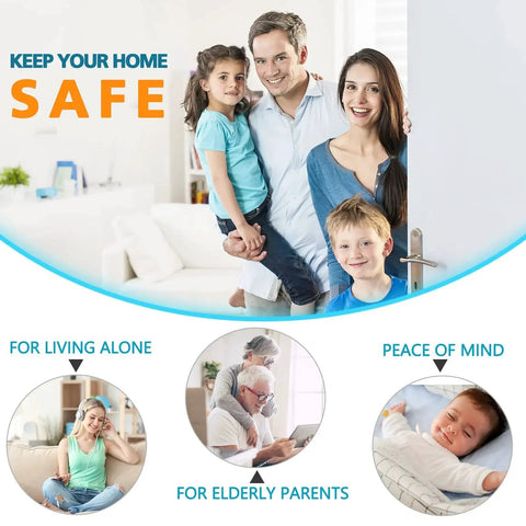 Family standing by a reinforced door lock in a living room, promoting home safety for living alone, elderly parents, and peace of mind.