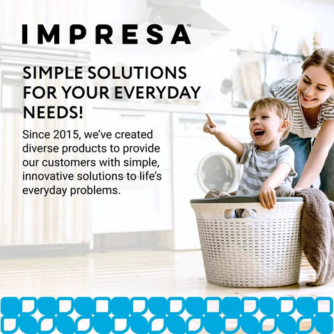 Mother and child playing with a laundry basket in a bright kitchen, promoting simple everyday solutions from Impresa.