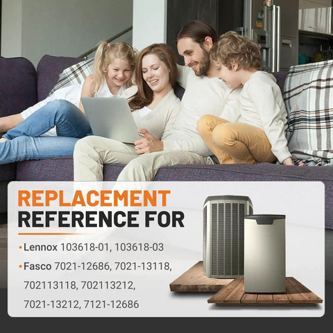 Family relaxing on couch with HVAC system replacement reference for Lennox 103618-01, 103618-03, and Fasco models displayed.