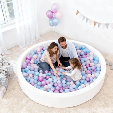 Family playing in a ball pit filled with pastel Ball Pit Balls - 100pcs - Crush Proof Plastic Children's Toy Balls Macaron Ocean Balls for Birthday Christmas Parties Games Pool
