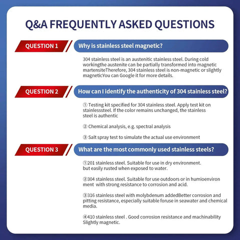 FAQ on 304 stainless steel magnetism, authenticity tests, and common stainless steel types.