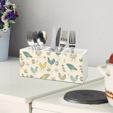 Farmhouse Chicken Wooden Utensils Holder with cutlery, chicken kitchen decor, vintage French country wooden organizer on countertop