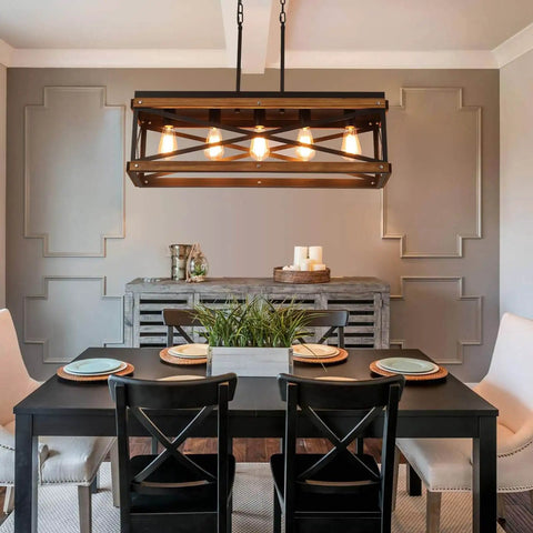 Five Light Rectangular Farmhouse Pendant Chandelier Black With Oak Wood And Metal 65 Inch Adjustable Chain