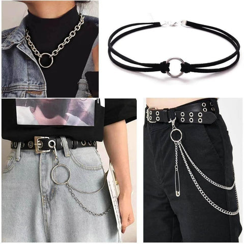 Fashion accessories featuring Heavy Duty 2 Inch Macrame Rings: necklaces, belts, bracelets with metal chains and macrame rings.