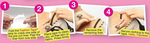 Step-by-step using fashion tape from Style Emergency Kit On The Go Wardrobe Savior 14 Piece Set with Fashion Tape Deodorant Remover Sponge