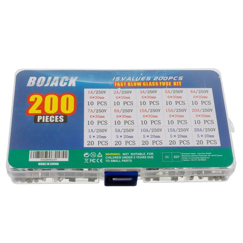 Fast Blow Glass Fuse Assortment Kit, 200 Pcs, Mixed 5x20mm And 6x30mm Fuses, 250V, 1A To 20A Range, in clear plastic box