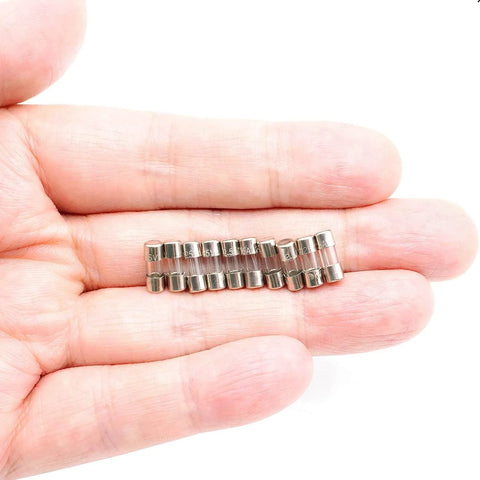 Fast-Blow Mini Fuse F2.5AL, 2.5A 125V Glass Fuse, 10 Pack, small fuses in hand, durable glass material visible